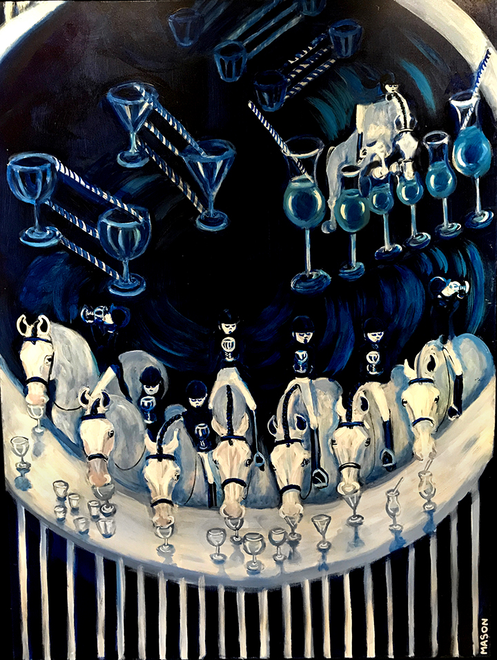 PAINTING OF ADULT AMATEUR RIDERS DRINKING AT A BAR WITH THEIR HORSES BEFORE THEY SHOW