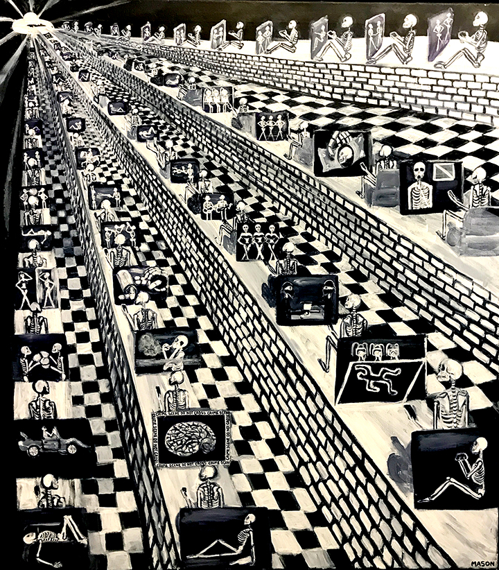 painting of surreal skeletons in an assembly line of self-destruction