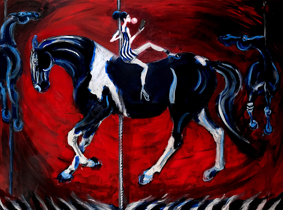 PAINTING OF CHILD RIDING CAROUSEL HORSE