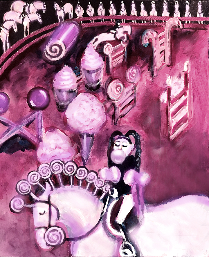PAINTING OF A GIRL ON A WHITE PONY IN A CANDYLAND DREAMSCAPE