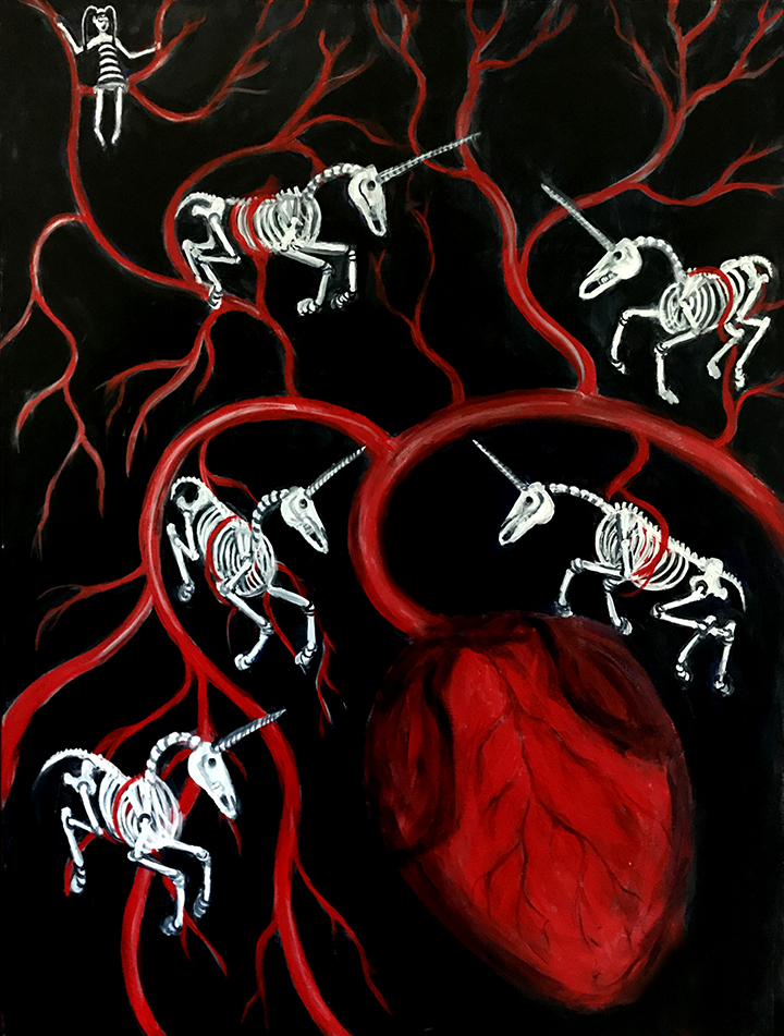 PAINTING OF SKELETON UNICORNS TRAPPED IN BLOOD VESSELS ART