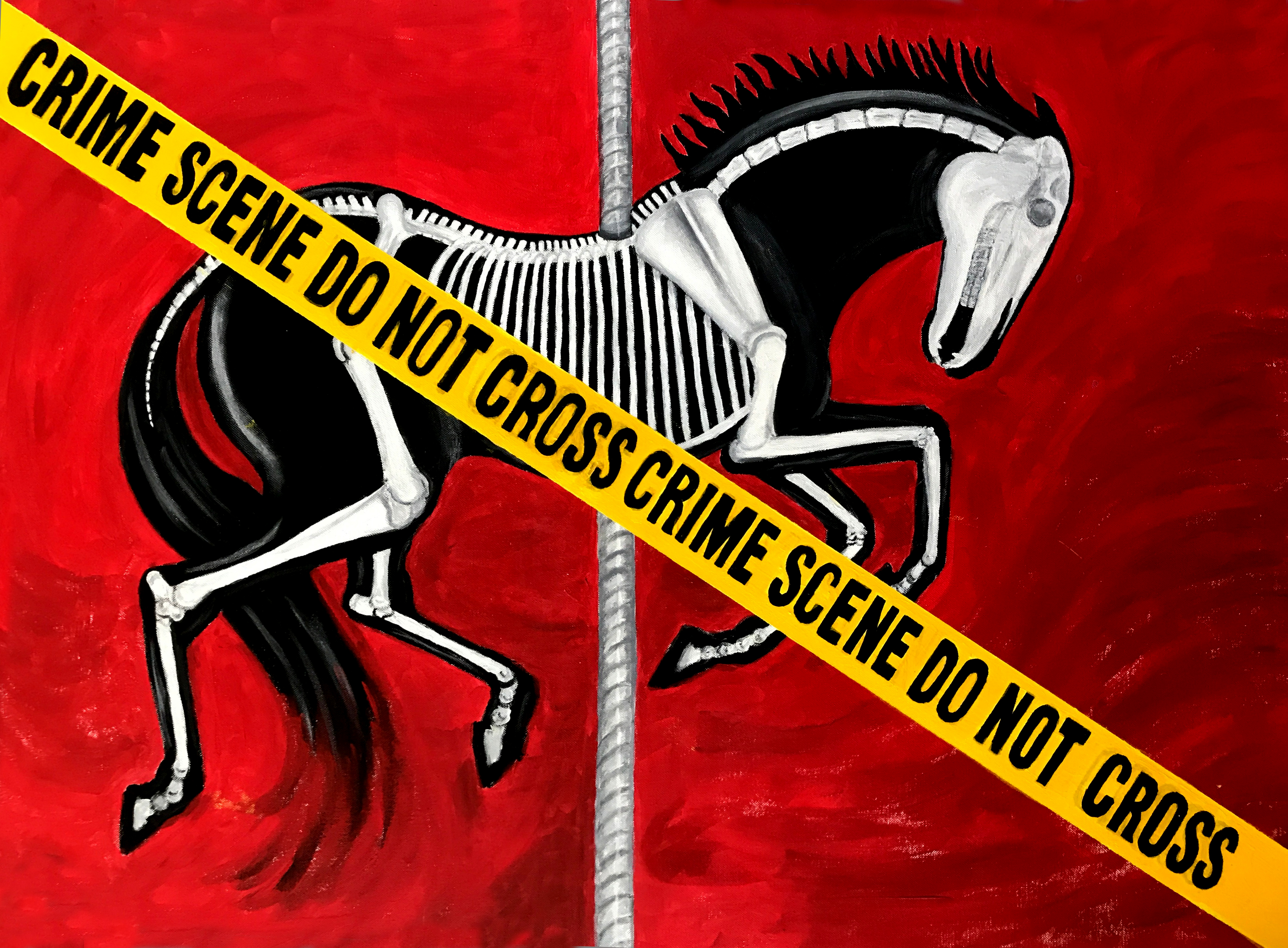 PAINTING OF CAROUSEL HORSE SKELETON ON RED BACKGROUND AND CRIME SCENE TAPE