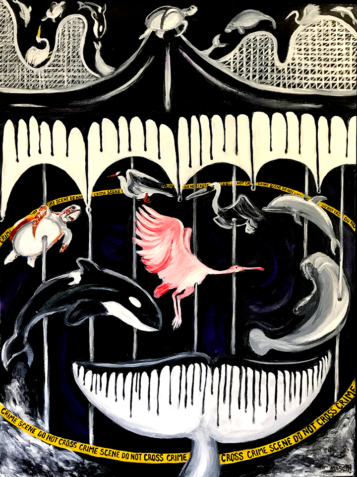 PAINTING OF MARINE MAMMALS ON A CAROUSEL COVERED IN OIL