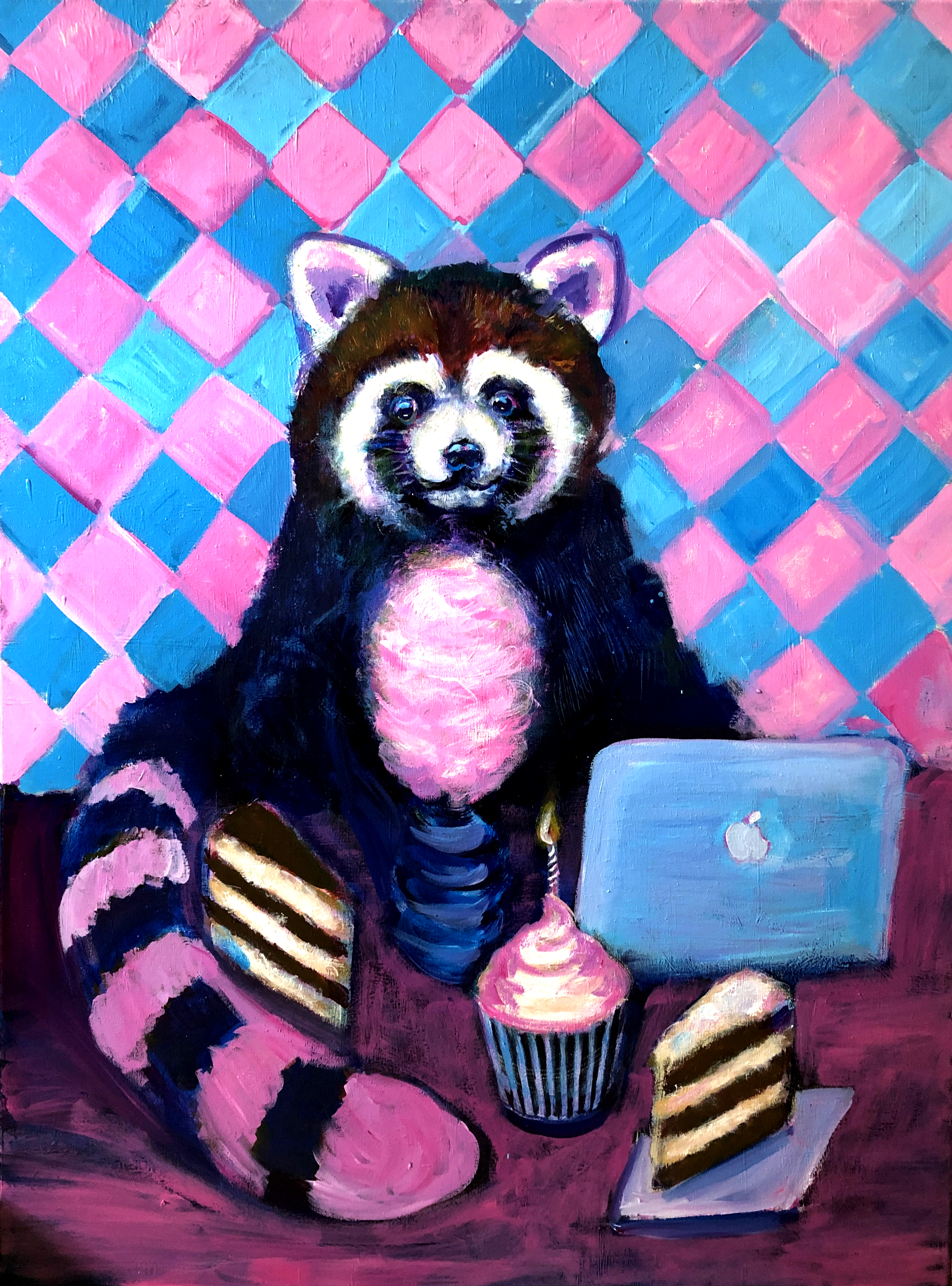 Painting of a surreal red panda eating cotton candy with a pink and blue checkerboard background