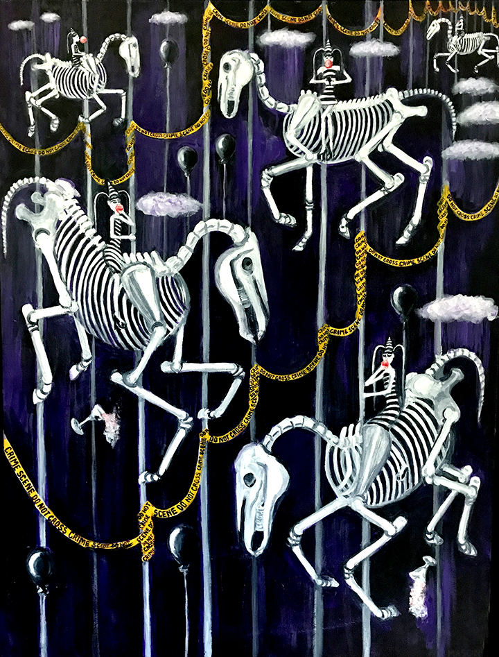 PAINTING OF CHILDREN RIDING CAROUSEL HORSE SKELETONS AT NIGHT