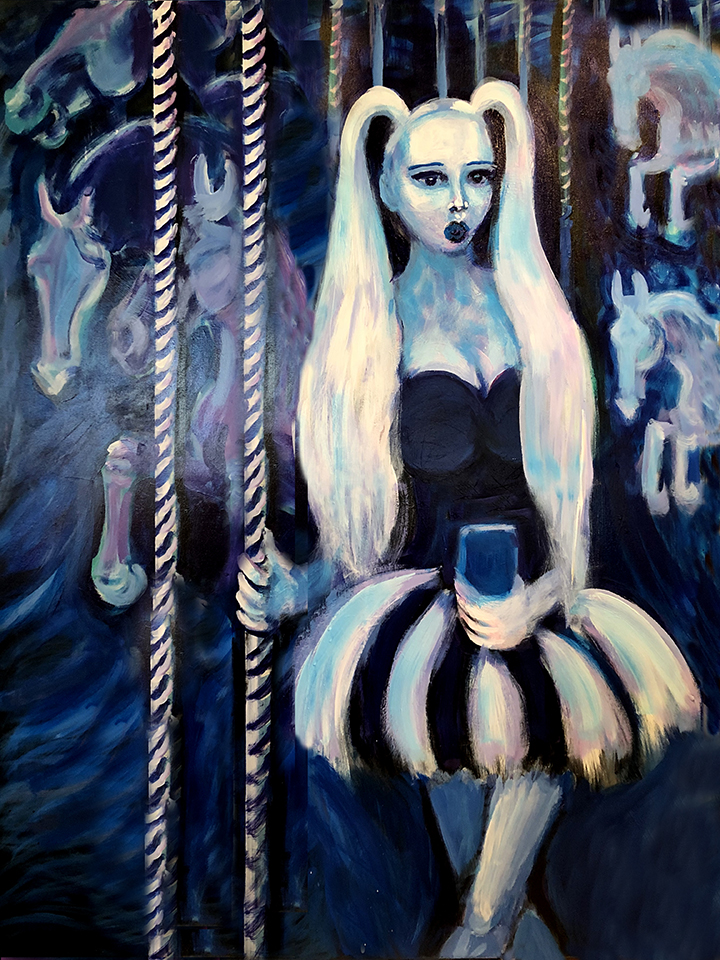 Painting of a girl is ghosted on a carousel