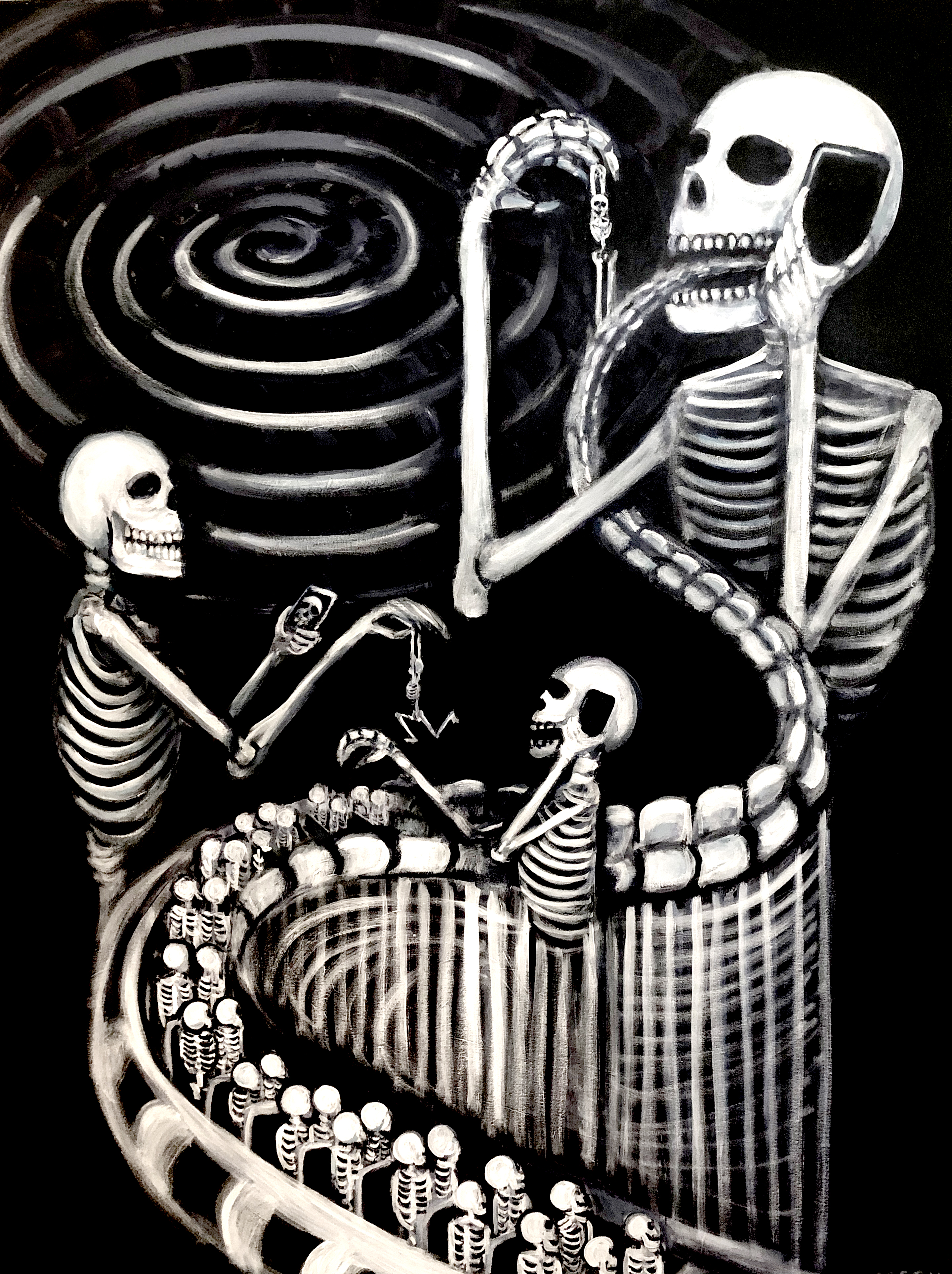 Painting of skeleton roller coaster.