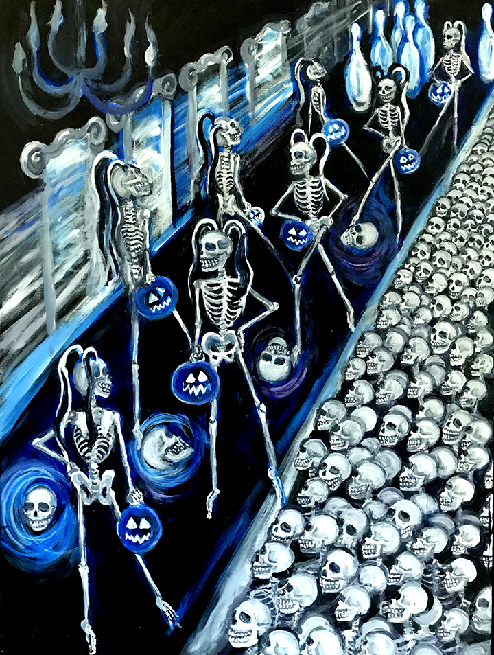 PAINTING OF SKELETON MODELS ROLLING PUMPKINS ON A BOWLING LANE/CATWALK
