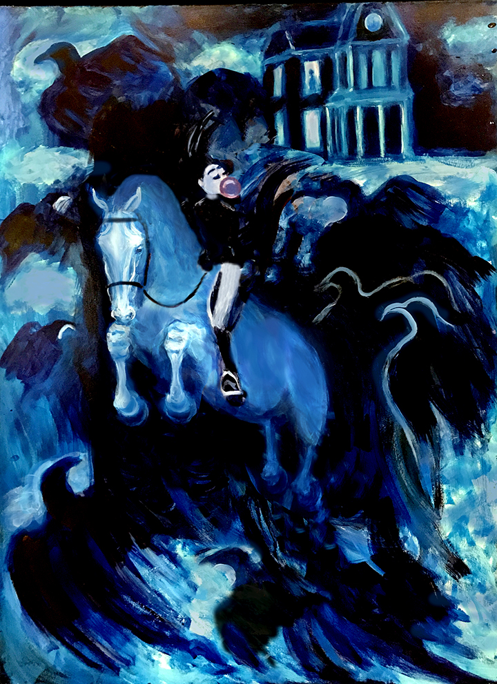 GIRL RIDING HORSE IN A FLOCK OF CROWS LEAVING THE HITCHCOCK HOUSE PAINTING