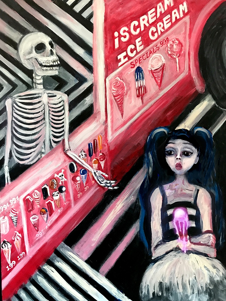 PAINTING OF CHILD BUYING ICE CREAM FROM A SKELETON