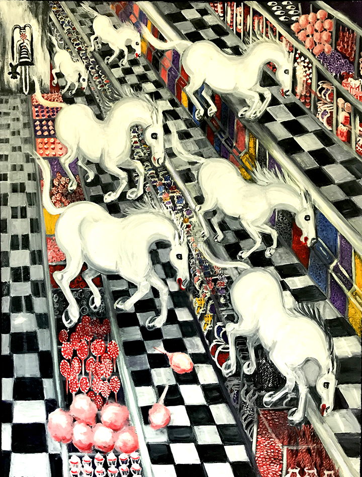 PAINTING OF GIRL LOST IN A CANDY SHOP OF HER IMAGINATION WITH WHITE PONIES