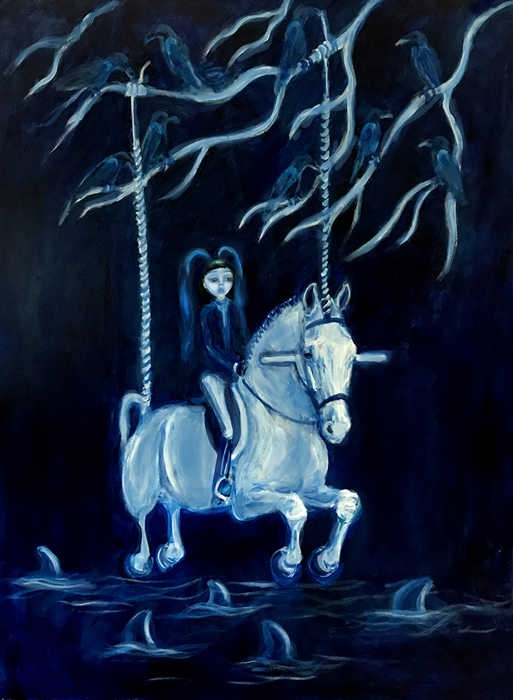 PAINTING OF A CHILD ON A HORSE BETWEEN A MURDER OF CROWS AND A POOL OF SHARKS