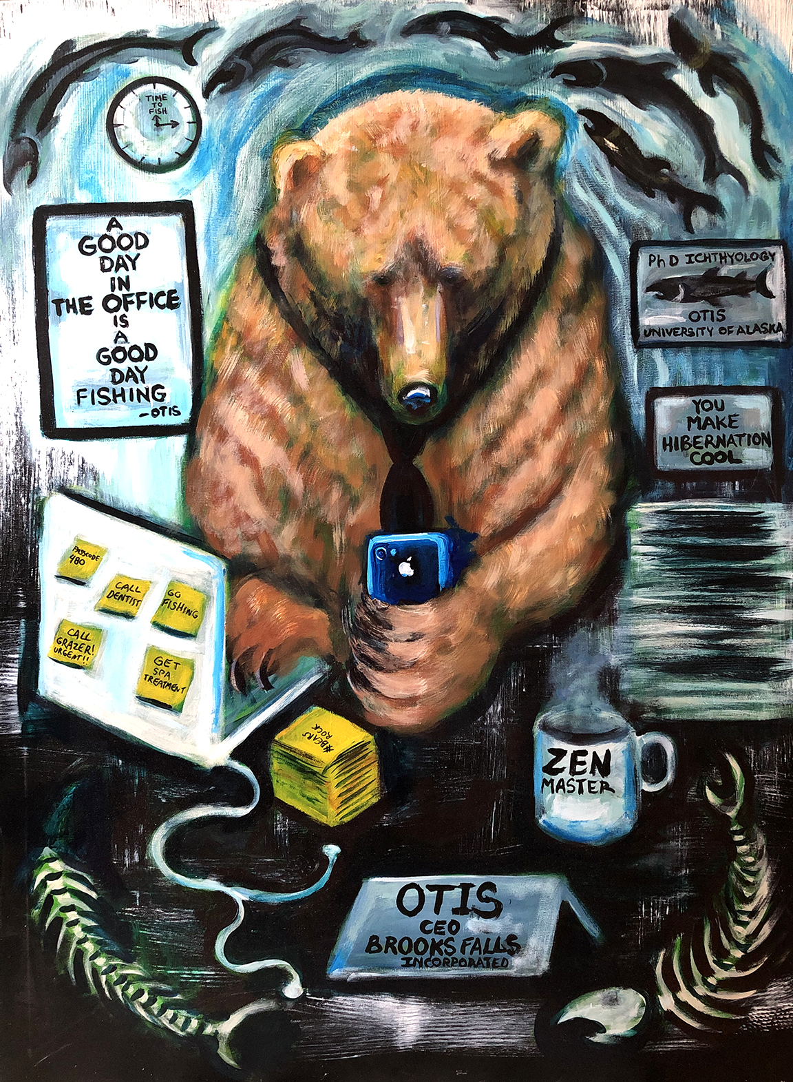 Surreal painting of the famous brown bear Otis from Brooks Falls in Katmai Park.