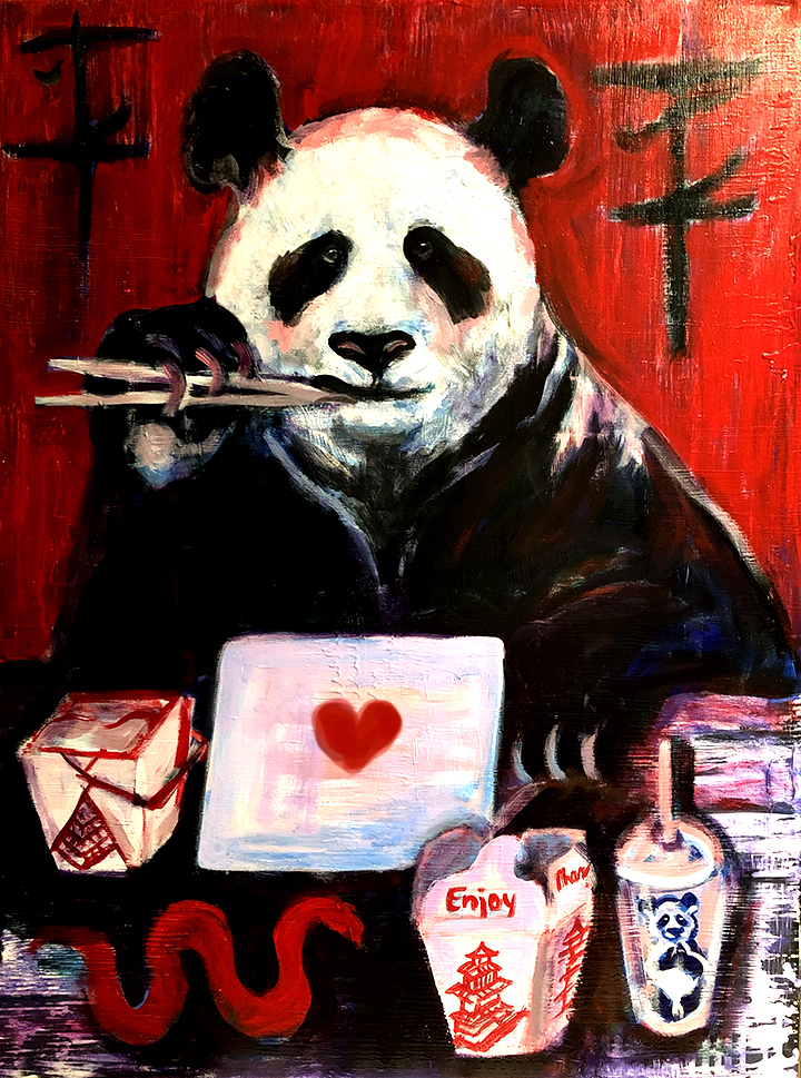 Painting of a surreal panda eating Chinese Takeout.