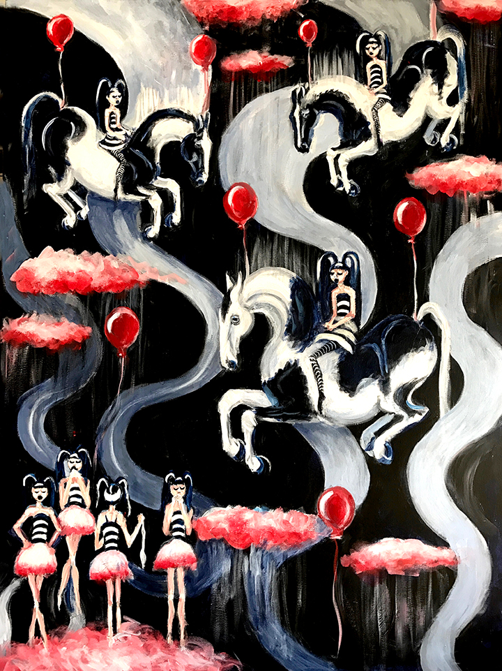 PAINTING OF PINTO PONIES DANCING IN THE PINK CLOUDS AS GIRLS PLAY PIN THE TAIL ON THE DONKEY