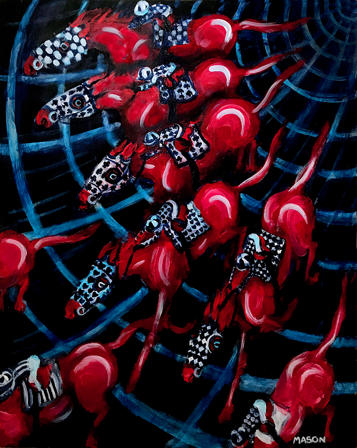 PAINTING OF SURREAL RED PONIES RACING AMONG DIAGONAL LINES