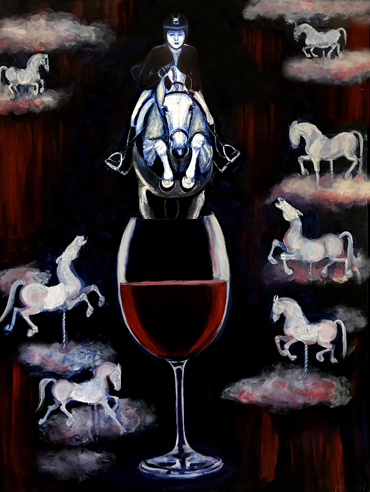 PAINTING OF SURREAL HORSE JUMPING OVER A GLASS OF WINE IN THE CLOUDS