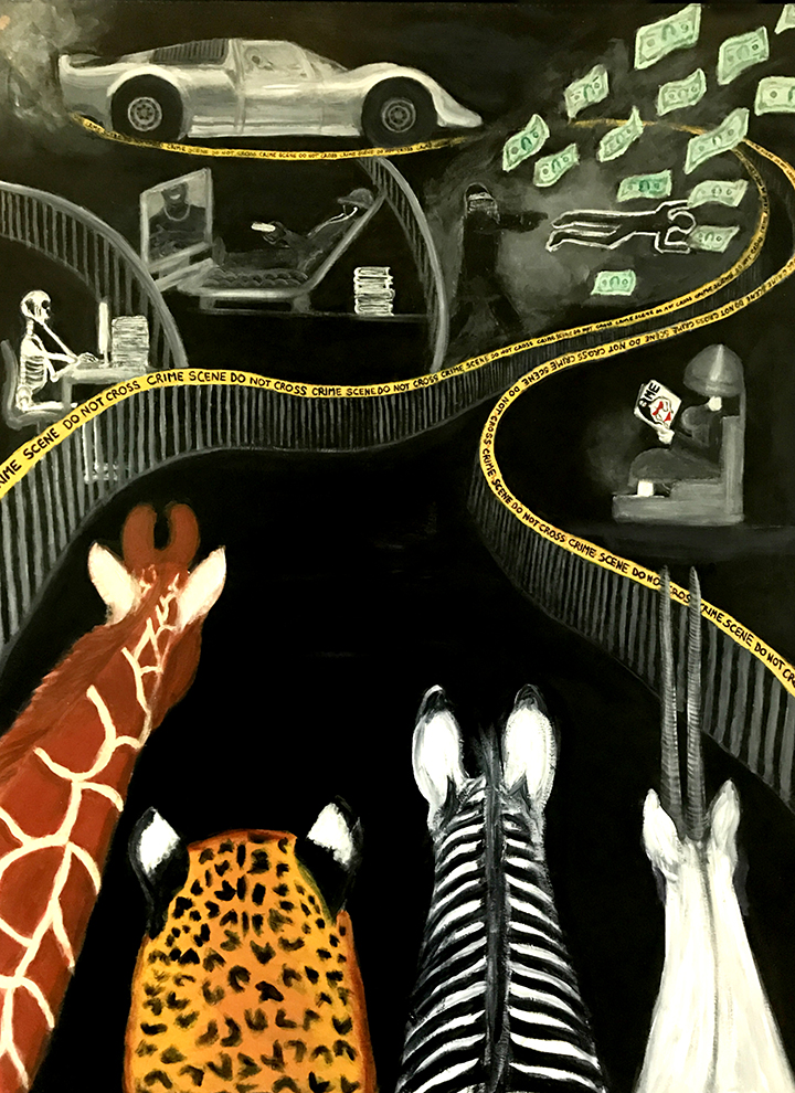 surreal animal painting of zoo animals watching humans in the zoo