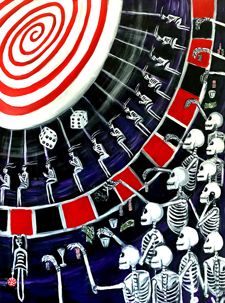 Girl watching skeleton toss dice on roulette