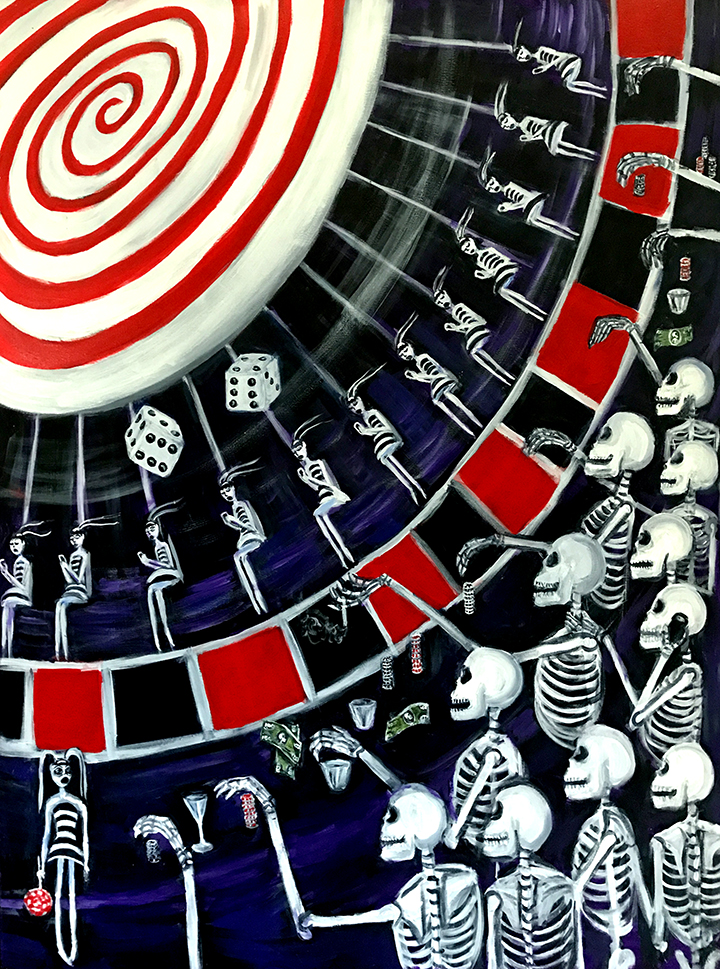 GIRL WATCHES AS SKELETON TOSSES DICE ON A ROULETTE MACHINE