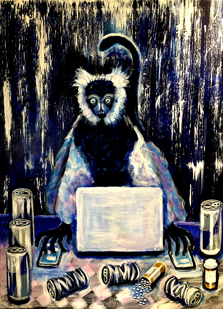 Painting of a surreal lemur double texting at his MacBook, surrounded by energy drinks and pills