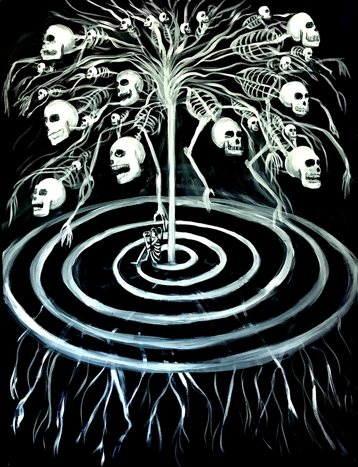 Painting of a tree growing branches of skeletons