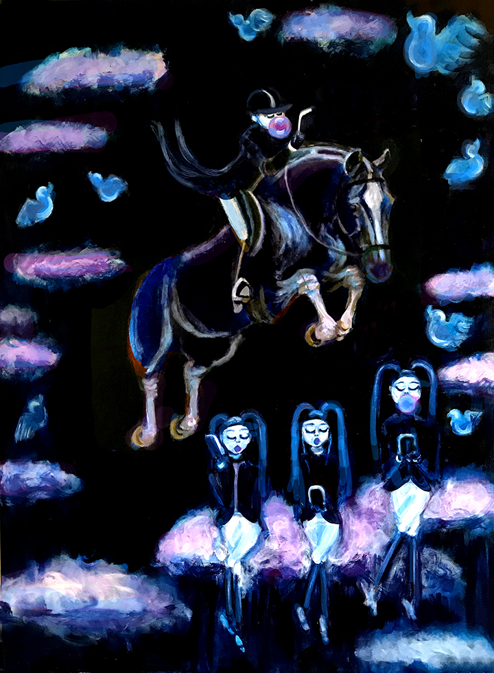 PAINTING OF GIRL TEXTING WHILE JUMPING OVER GIRLS IN CLOUDS