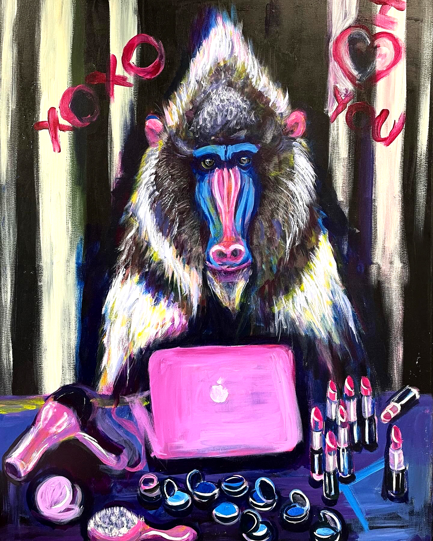 Surreal painting of a mandrill at a MacBook surrounded by makeup
