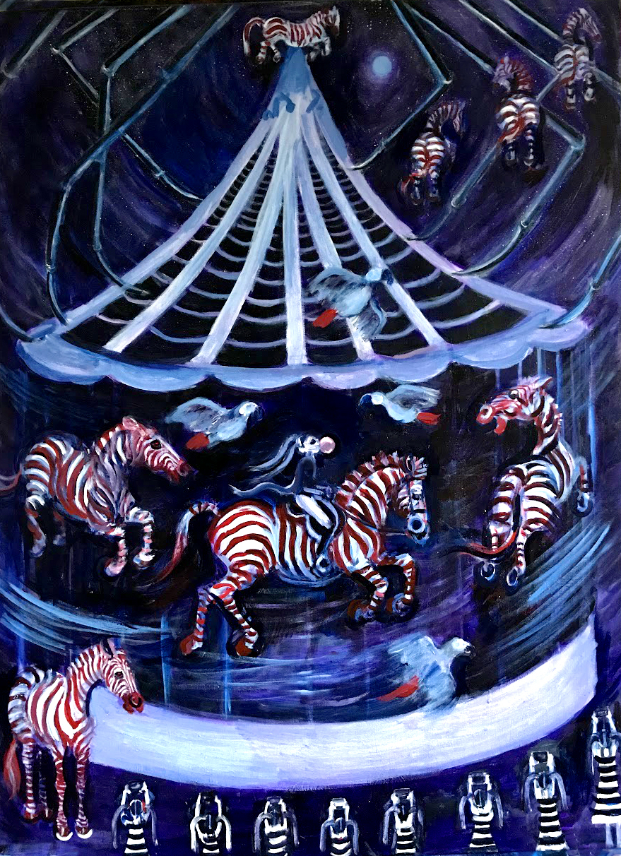 PAINTING OF A CAROUSEL OF RED STRIPED ZEBRAS AT NIGHT