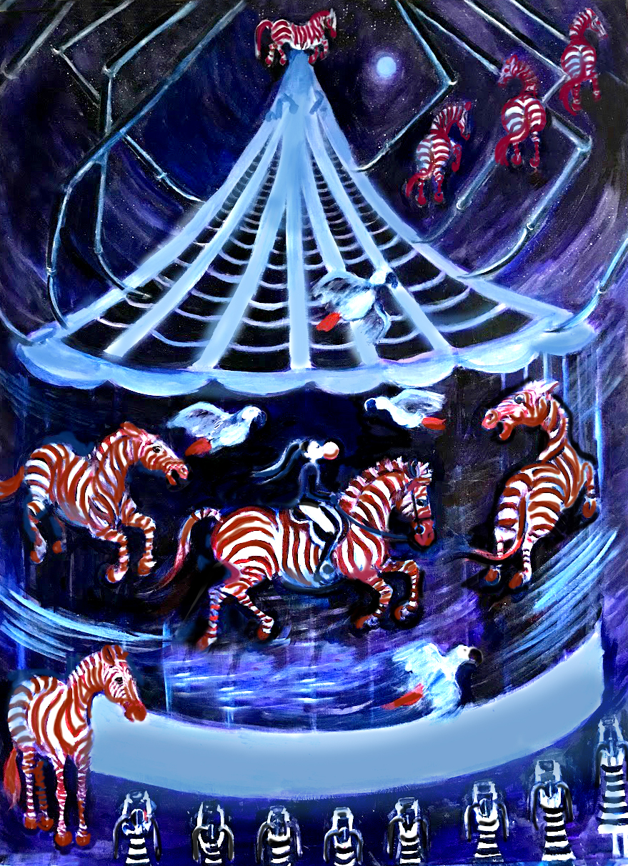 Carousel of red striped zebras at night