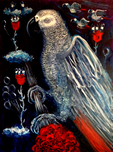 Surreal painting of African Grey parrots flying amid clouds and roses. 