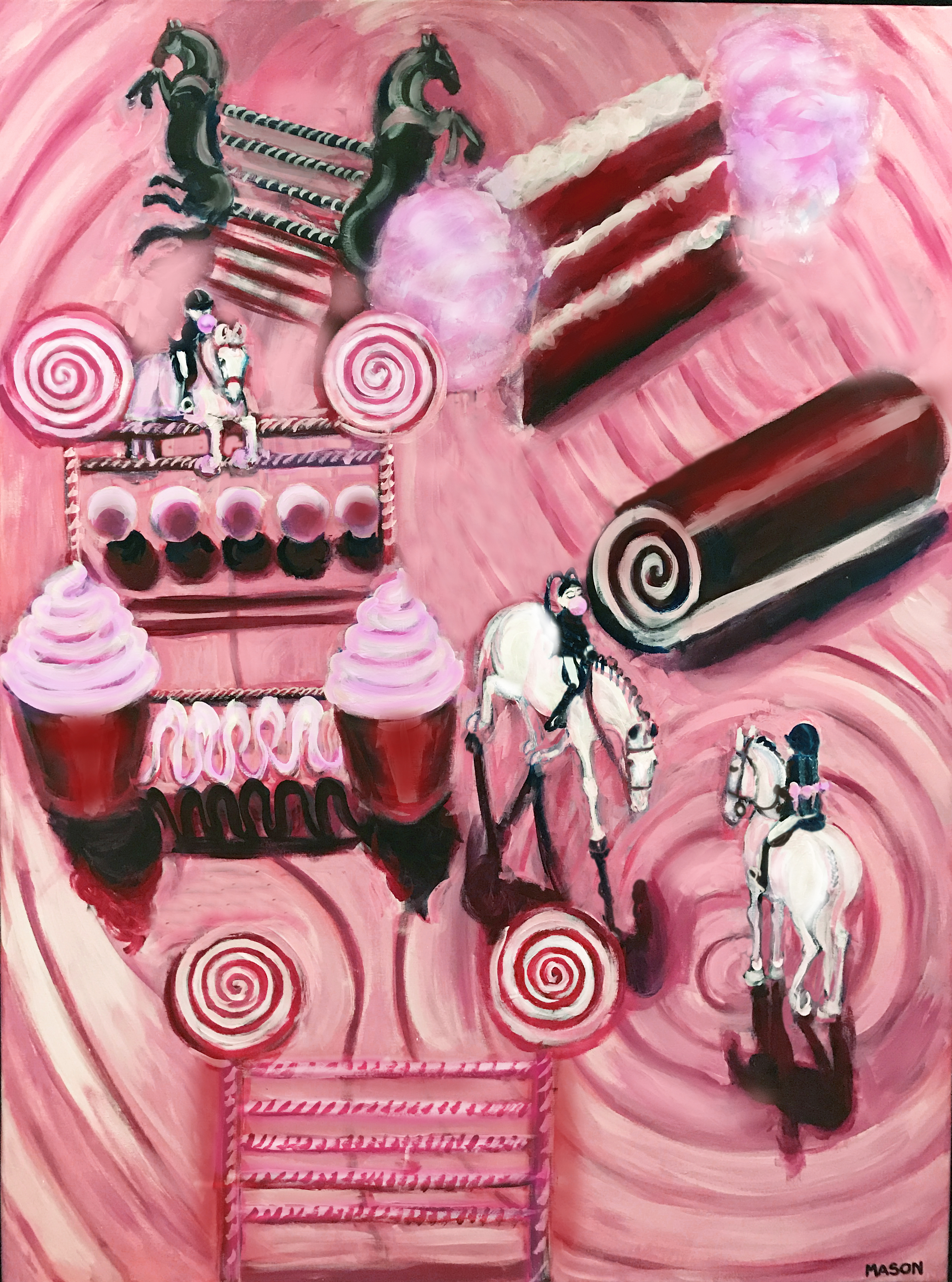 PAINTING OF WHITE PONIES IN A CANDYLAND JUMPER COURSE