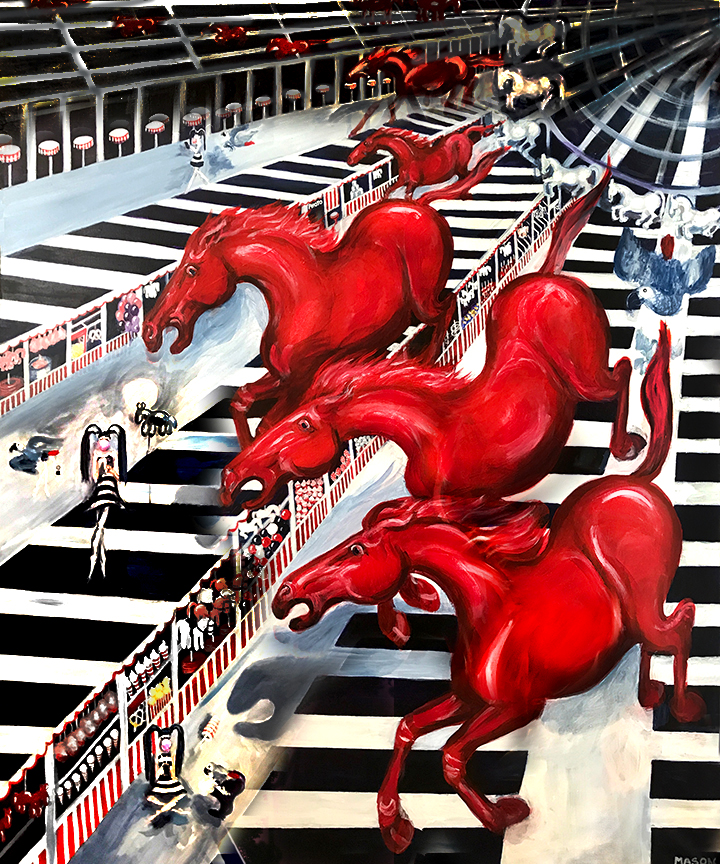 PAINTING OF RED HORSES CRASHING A CARNIVAL