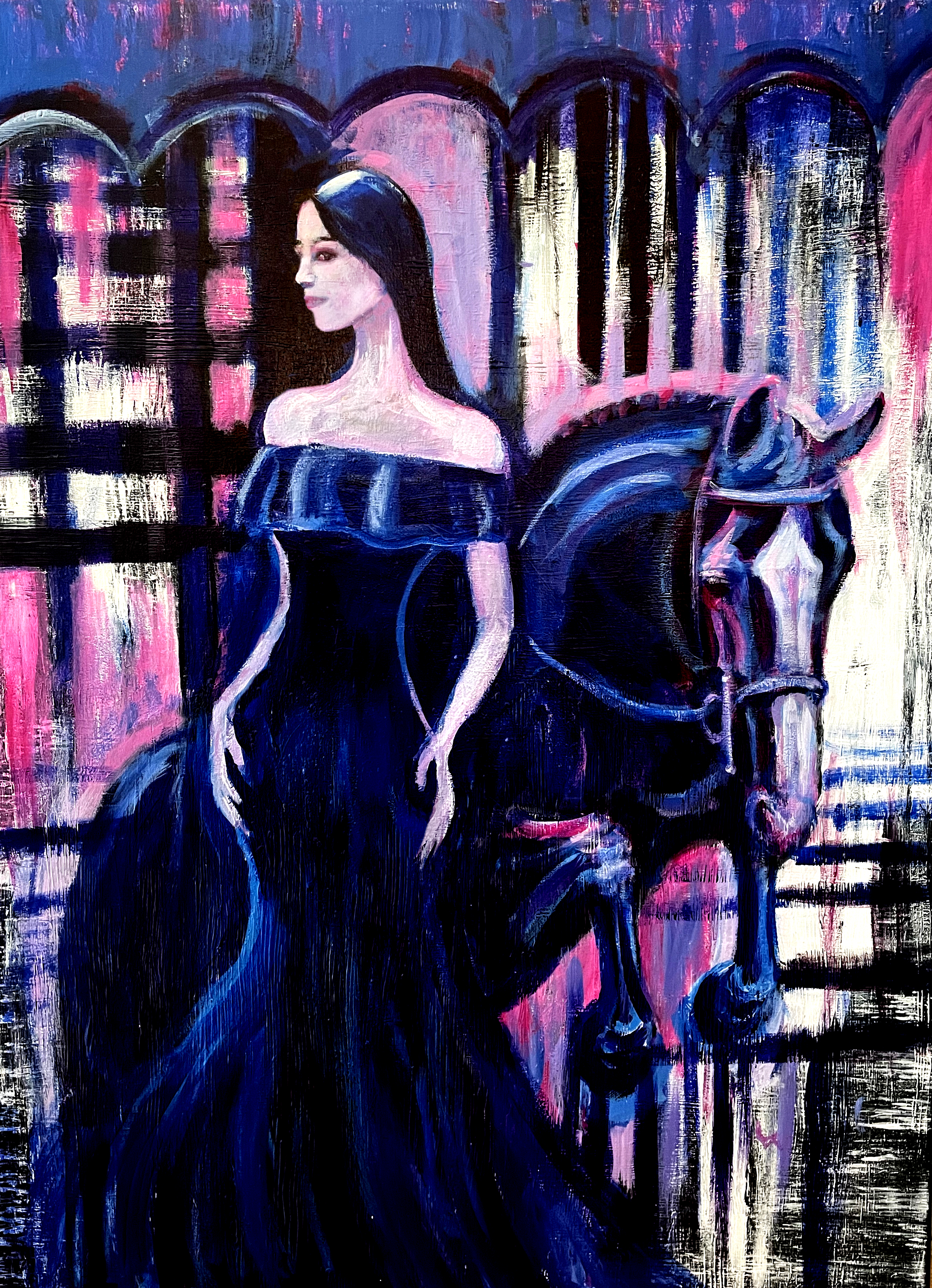PAINTING OF A WOMAN ON A CAROUSEL WITH A GRAPHIC BACKGROUND
