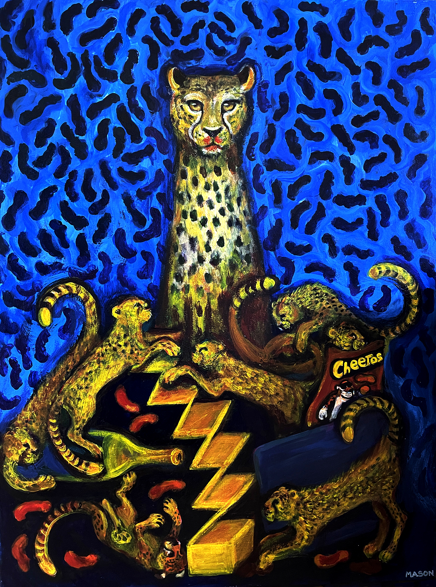 Painting of a surreal family of cheetos snacking on Cheetos.