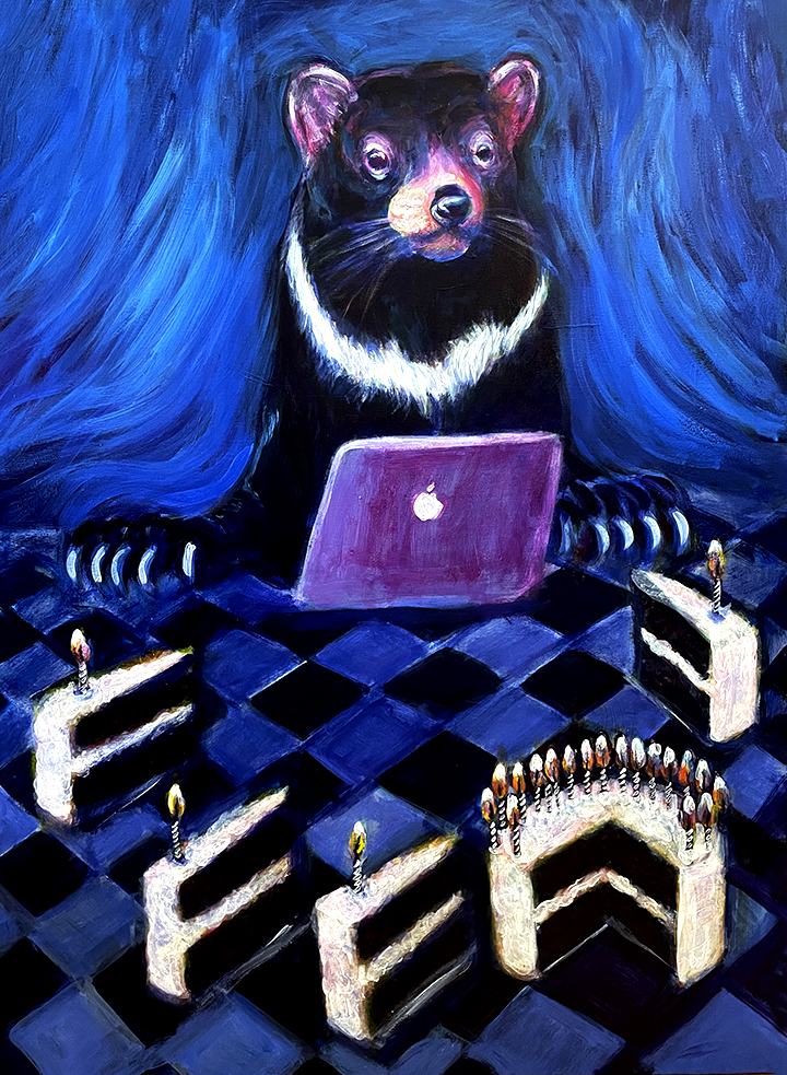 Painting of a Tasmanian devil at a MacBook surrounded by Devil's food cake.