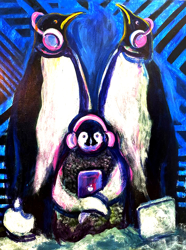 Painting of a surreal family of penguins with the penguin chick holding an iPad made of ice.