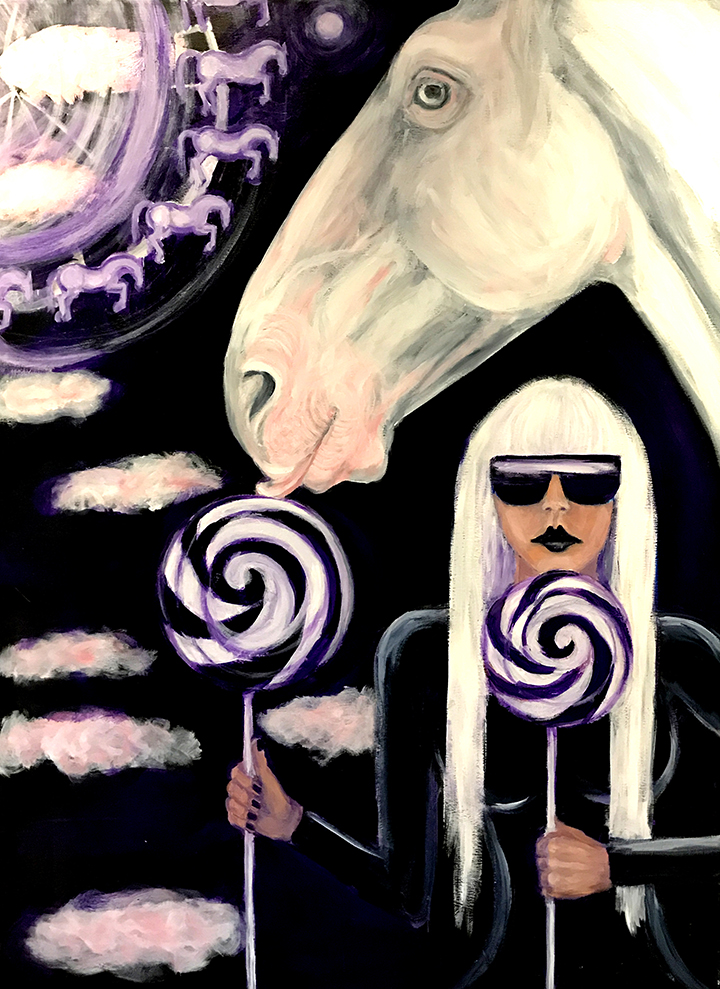 PAINTING OF LADY GAGA WITH WHITE HORSE