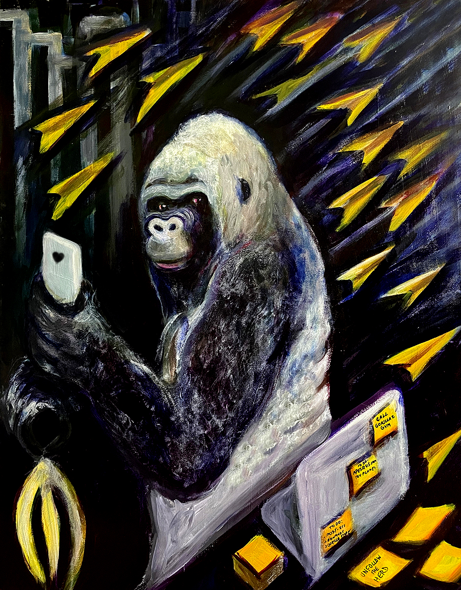 Painting of a surreal gorilla taking a selfie while being dodged by paper planes