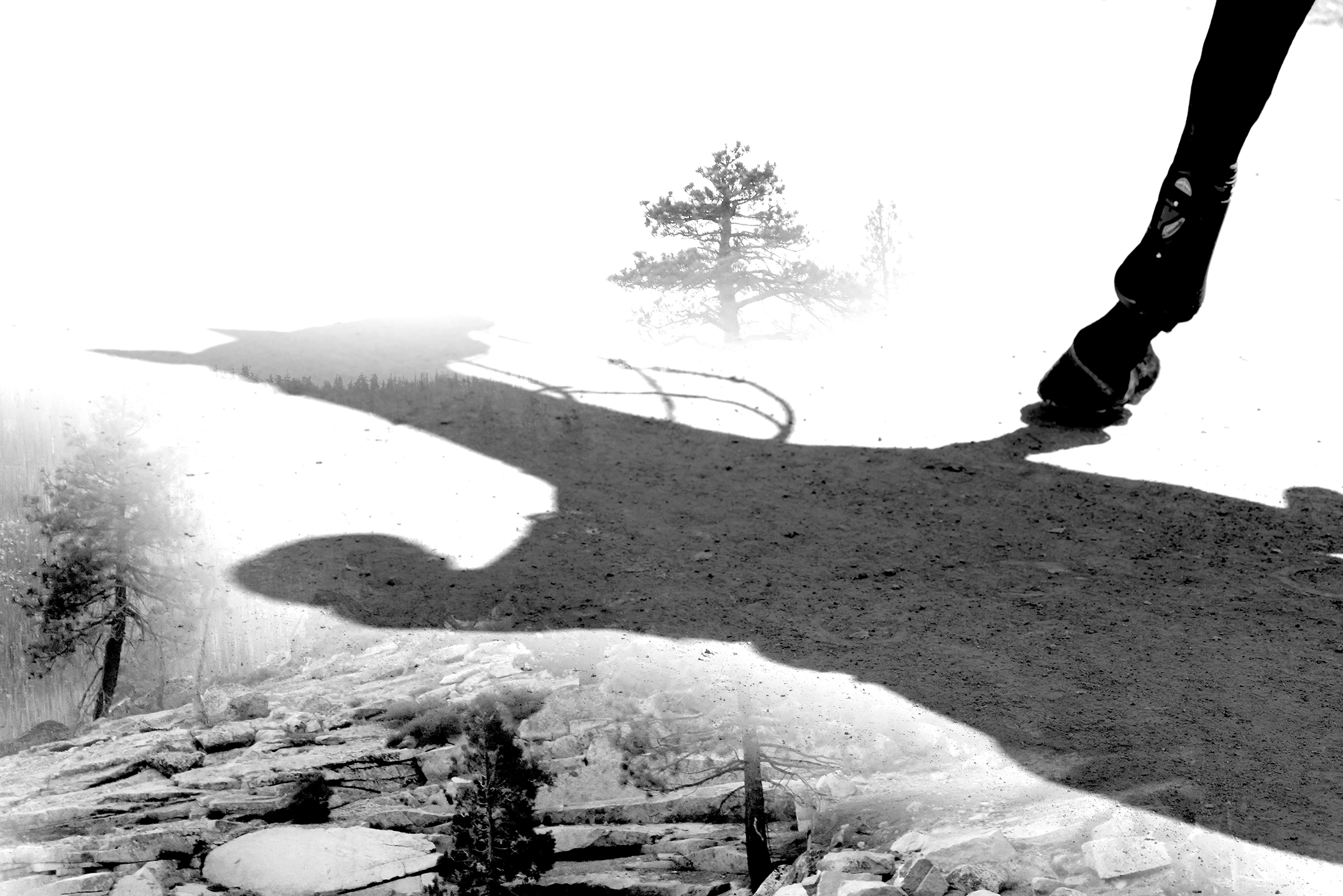 Photograph of horse shadow over rocky mountainside. 