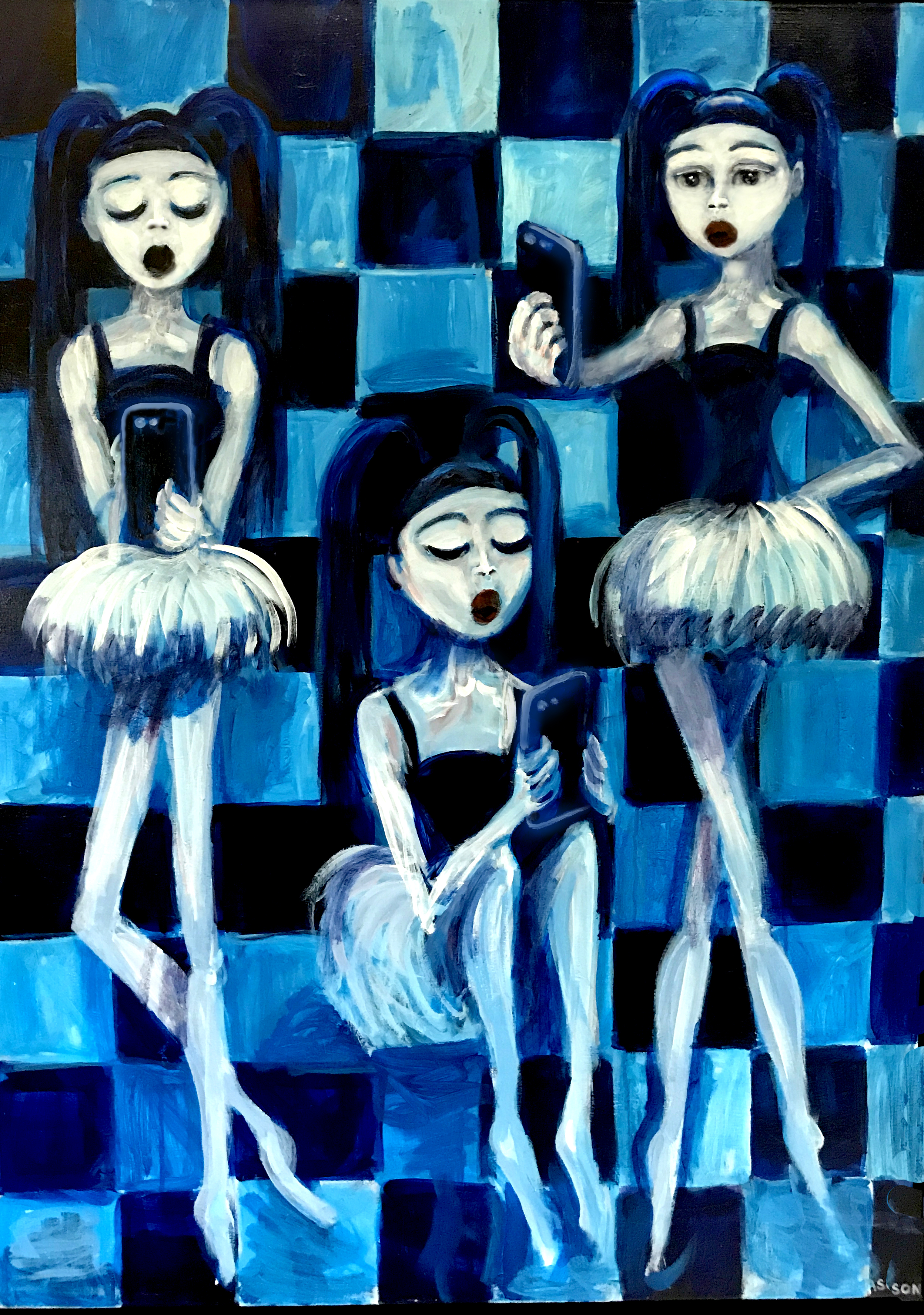 THREE GIRLS PLAY ON THEIR PHONES ON A CHECKERBOARD BACKGROUND