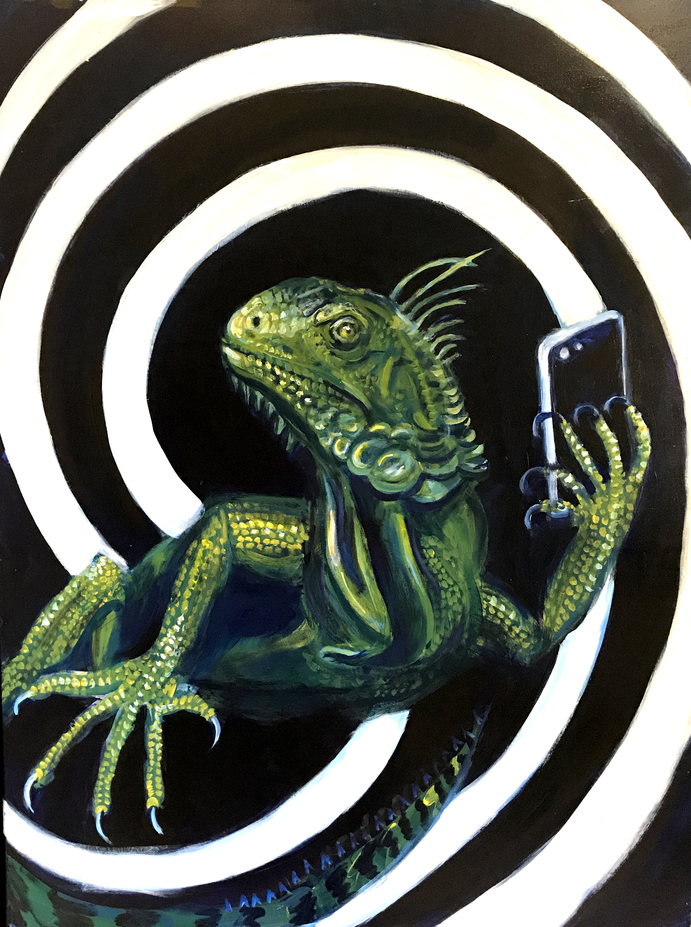 Painting of an iguana taking a selfie amid a vortex of black and white.