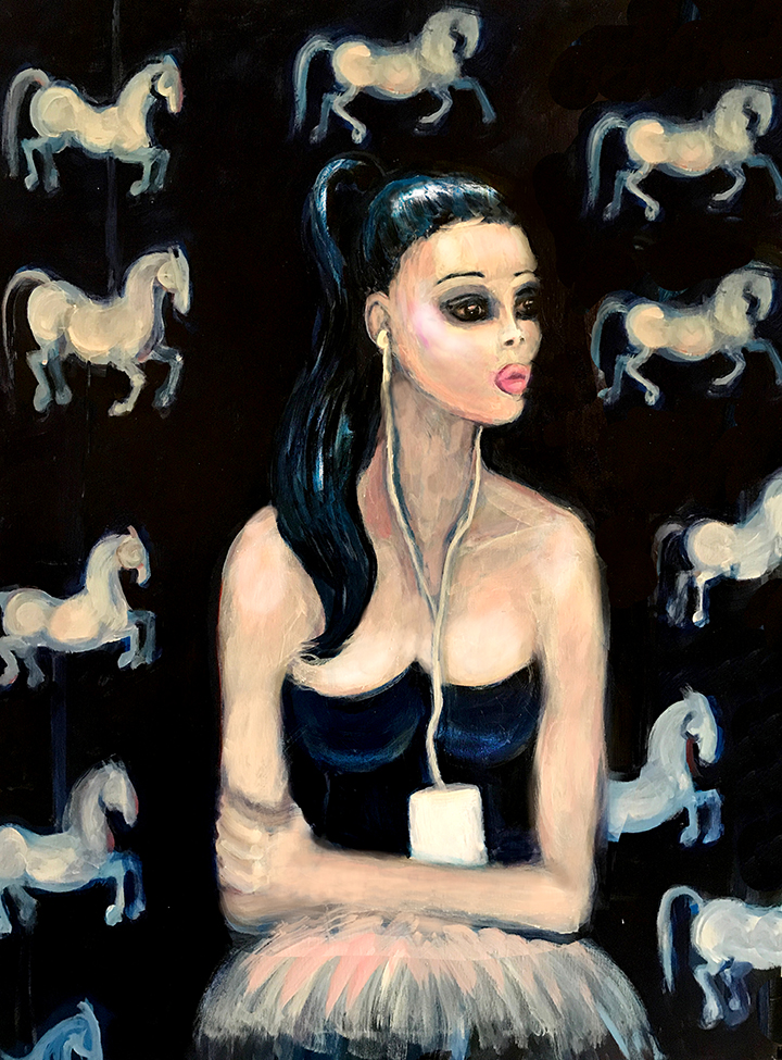 PAINTING OF A WOMAN ON CAROUSEL AT NIGHT