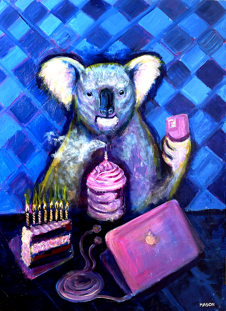 Painting of a surreal koala with a blue checkerboard background