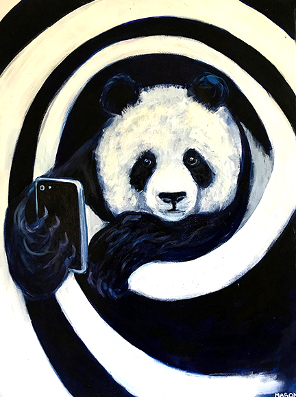 Painting of a panda taking a selfie in a black and white vortex background. 