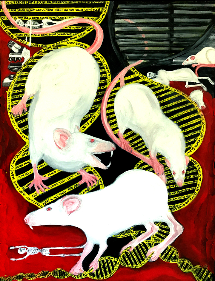 surreal painting of mutated rats escaping a laboratory