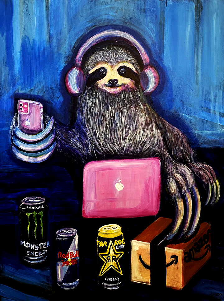 Surreal painting of a sloth in headphones taking a selfie while opening an Amazon package and drinking energy drinks at his MacBook.