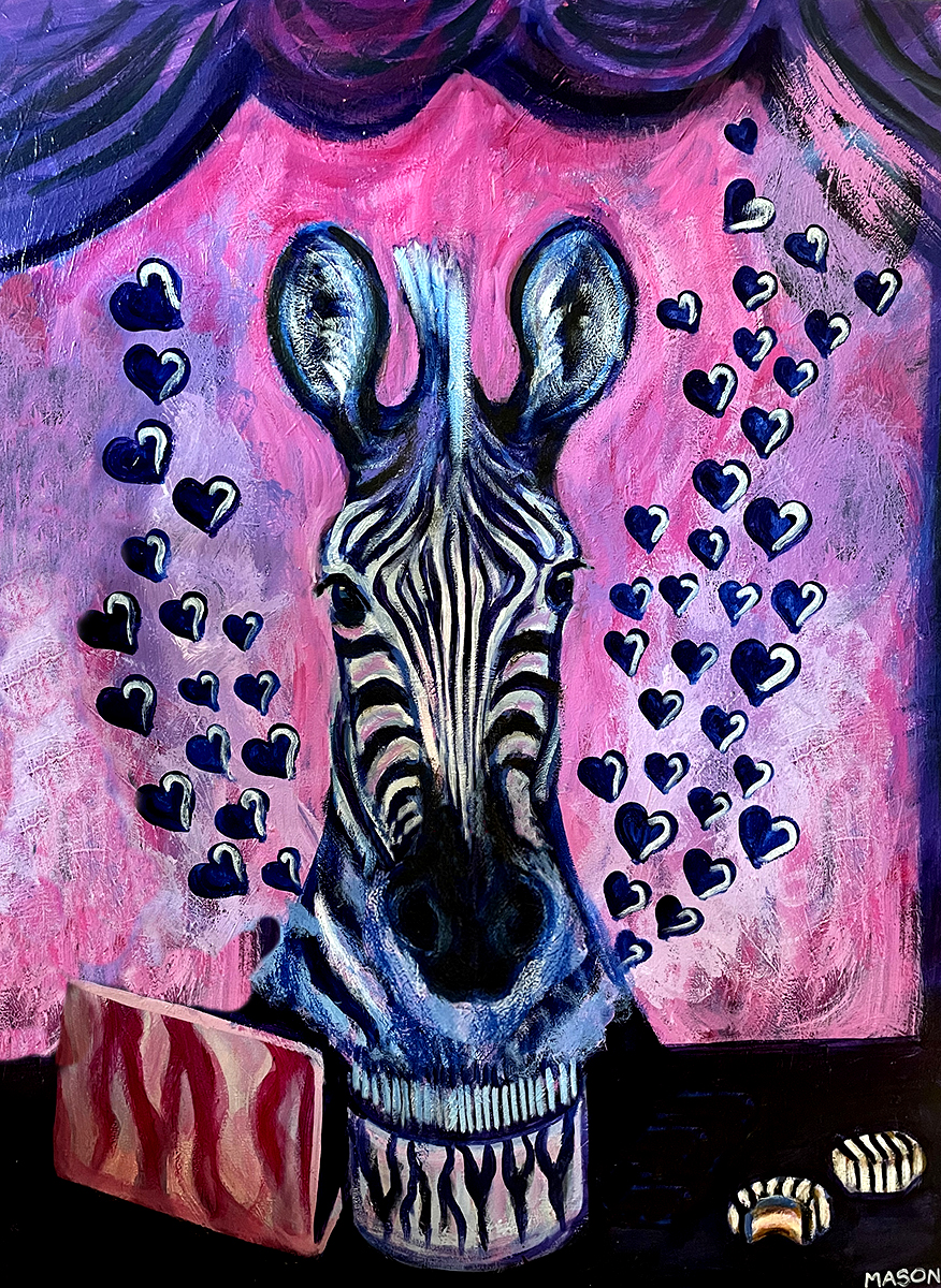 Painting of a surreal zebra at his MacBook surrounded by floating hearts.