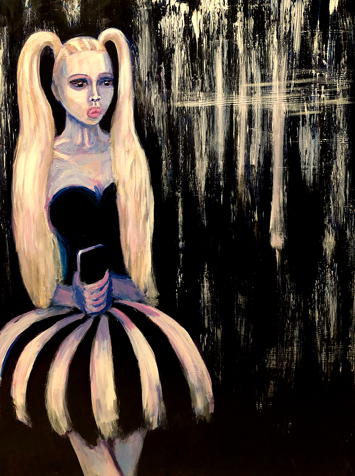 Painting of a girl with a dead phone on a black and white background