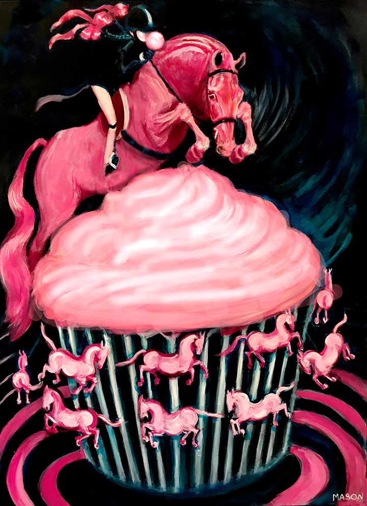 PAINTING OF A PINK PONY JUMPING OVER A PINK FROSTED CUPCAKE CAROUSEL